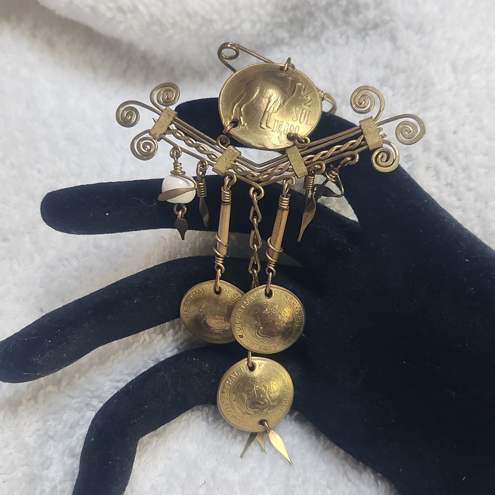 Vintage Peruvian Coin Brooch Brass Folk Art Sol De Oro Dangle Pin Peru Jewelry