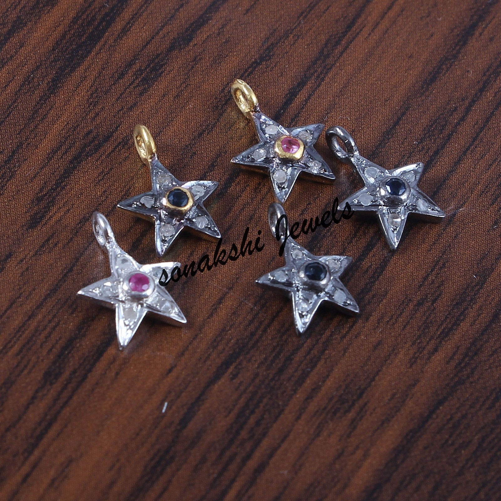 Handmade Diamond & Ruby Star Charm Pendant 925 Sterling Silver Pendant
