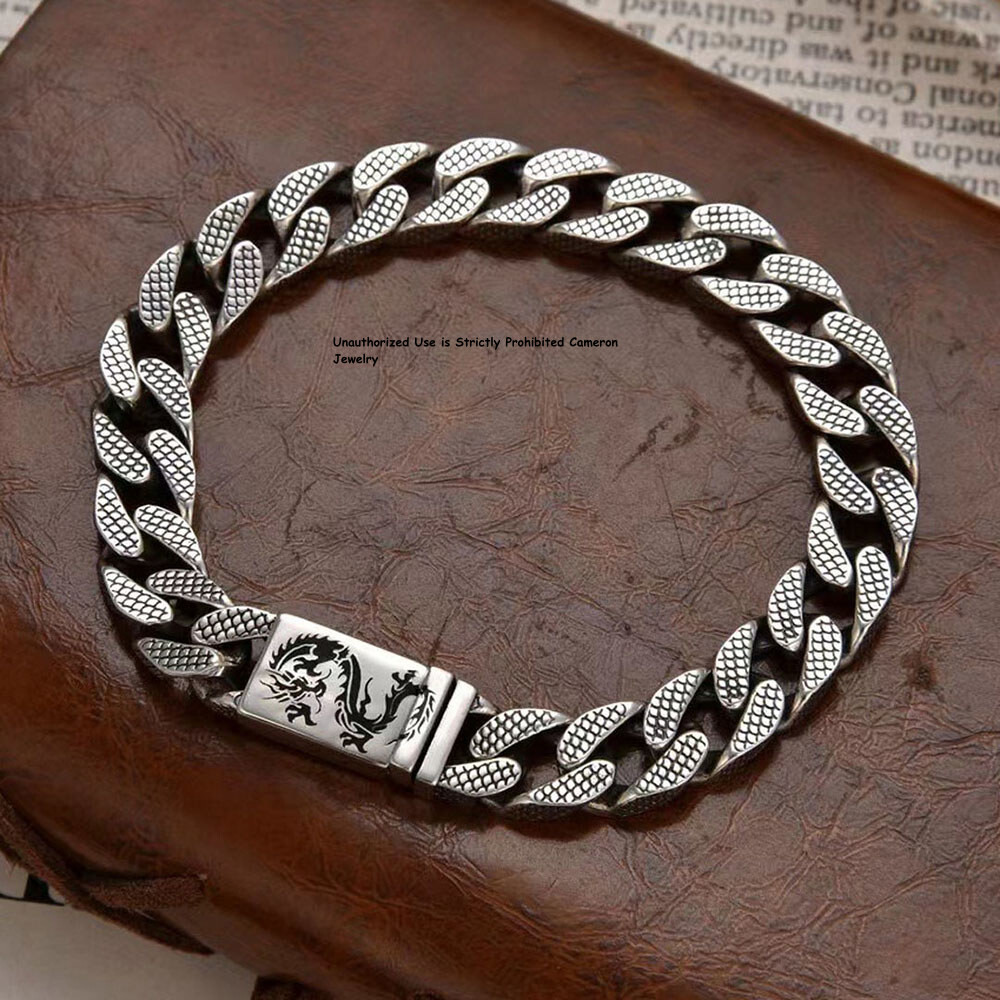 Pure S925 Sterling Silver Chain 9mm Dragon Pattern Curb Link Bracelet 7in-9in