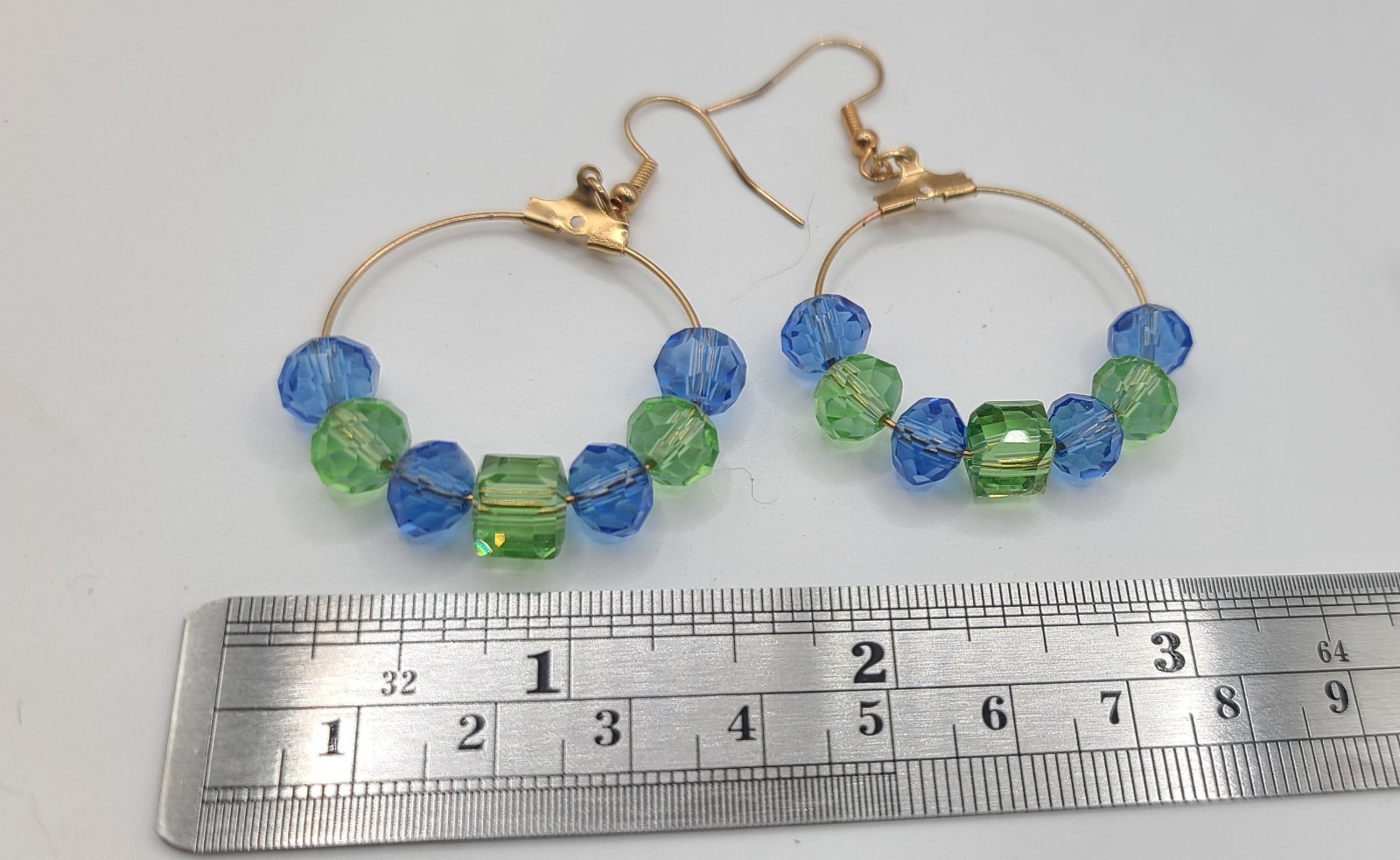 Handmade Glass Bead Hoop Earrings Blue Green Gold Tone Dangle Boho Lightweight