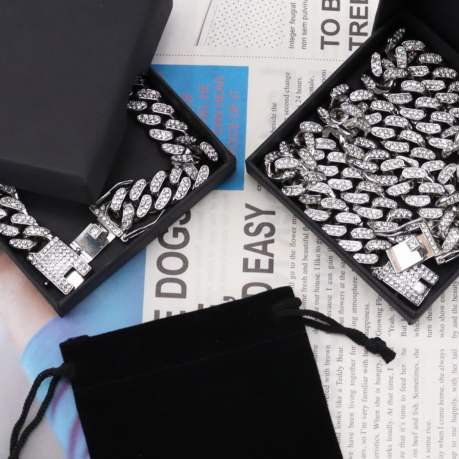 Men’s Cuban Link Chain & Bracelet Set, Silver Iced Out Diamond Hip Hop Jewelry