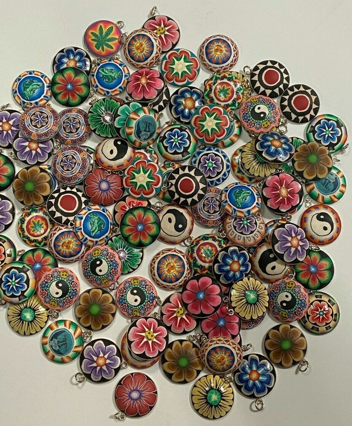 NEW 100 Polymer Clay Pendants Metal Back Assorted Floral Smiley Face Sun