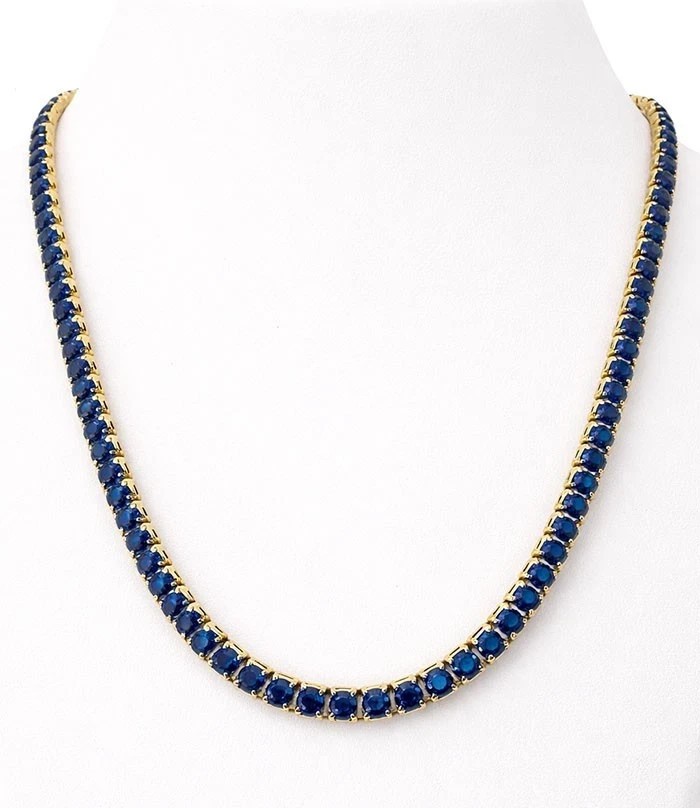 4MM Round Cut Lab Created Blue Sapphire Tennis necklace 14k Yellow Gold Plated