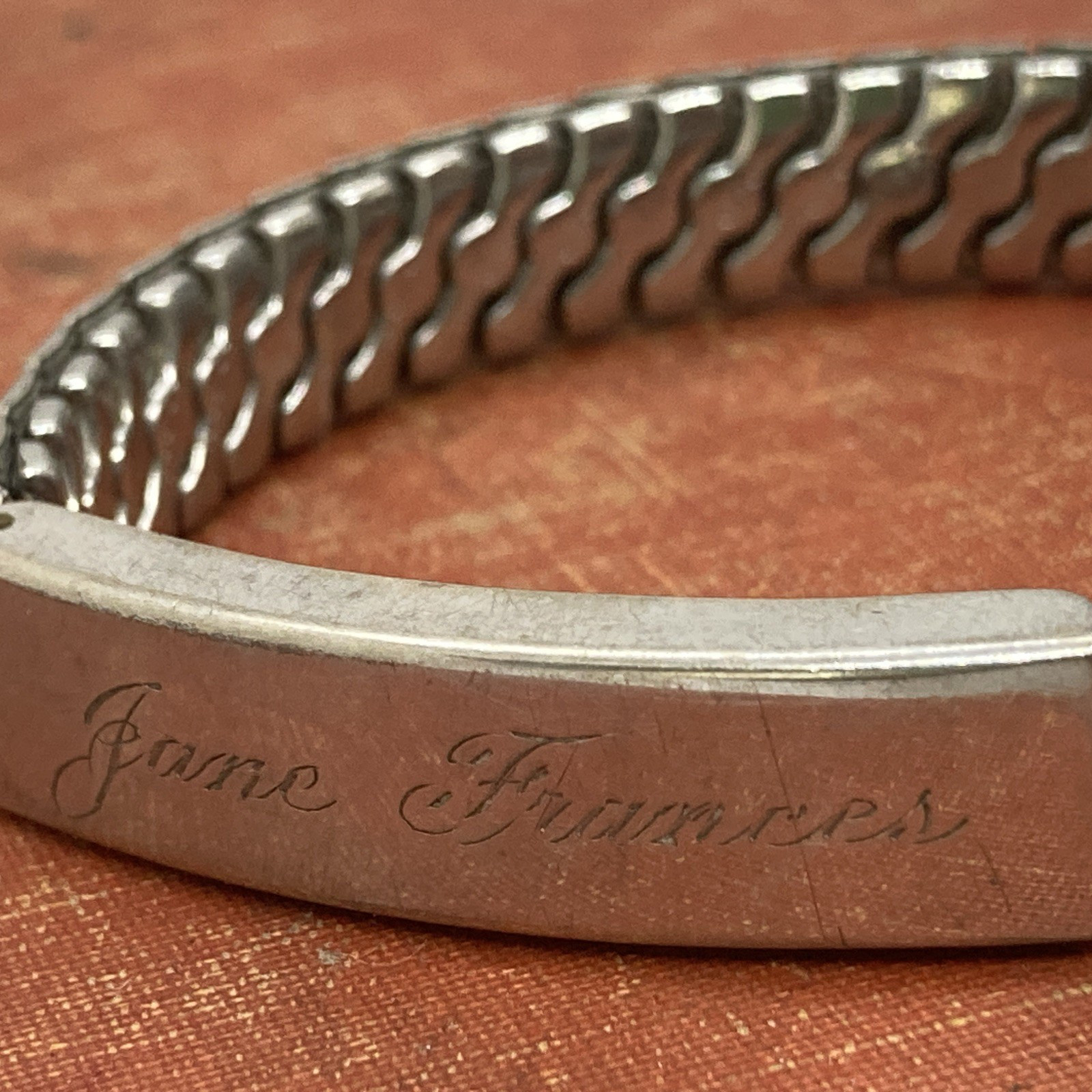 Vintage signed Spiedel expansion ID Bracelet Engraved “Jane Frances” silver tone