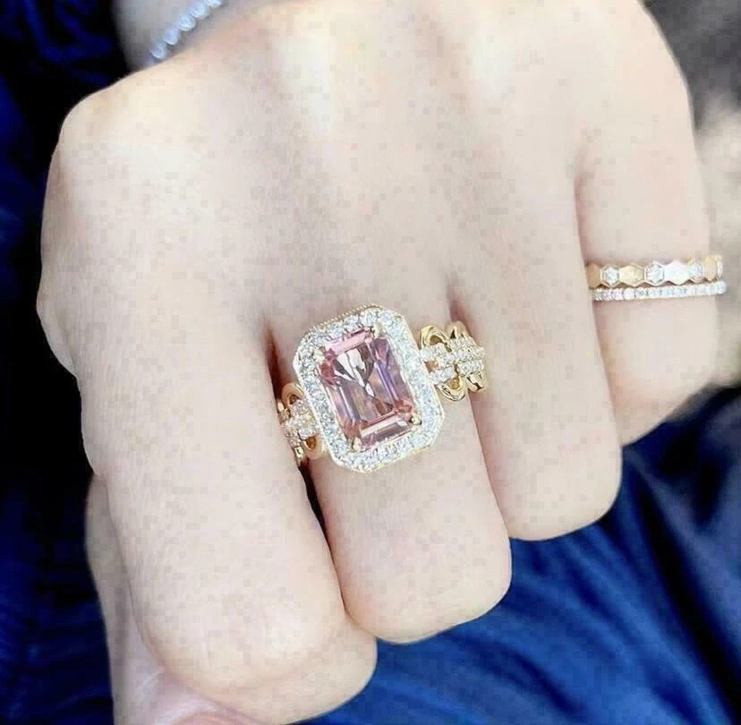 4.00Ct Emerald Cut Pink Morganite Halo Engagement Ring 14K Yellow Gold Finish