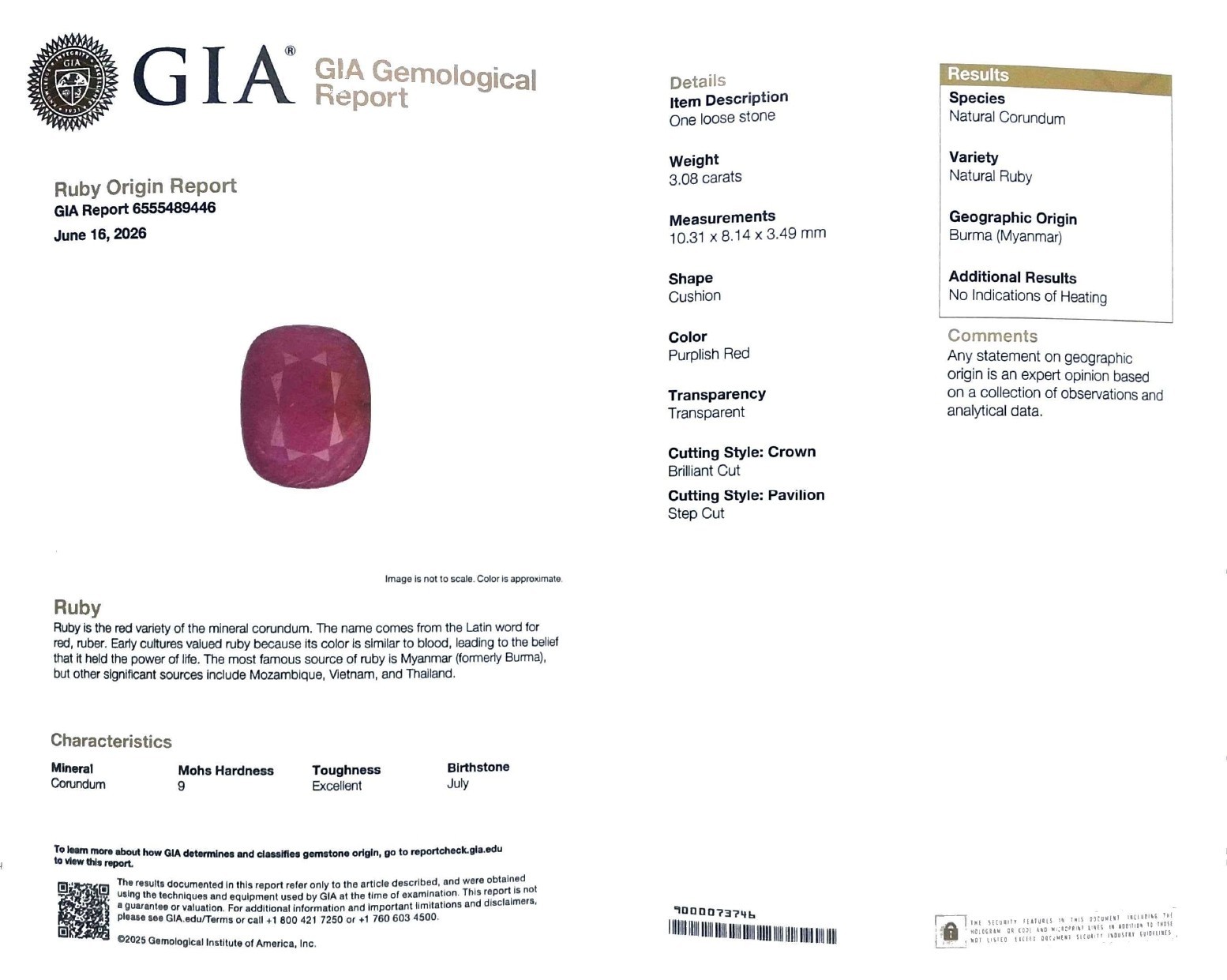3.08ct. GIA Loose Burmese Ruby Natural (No Heat Treatment) GIA Certified