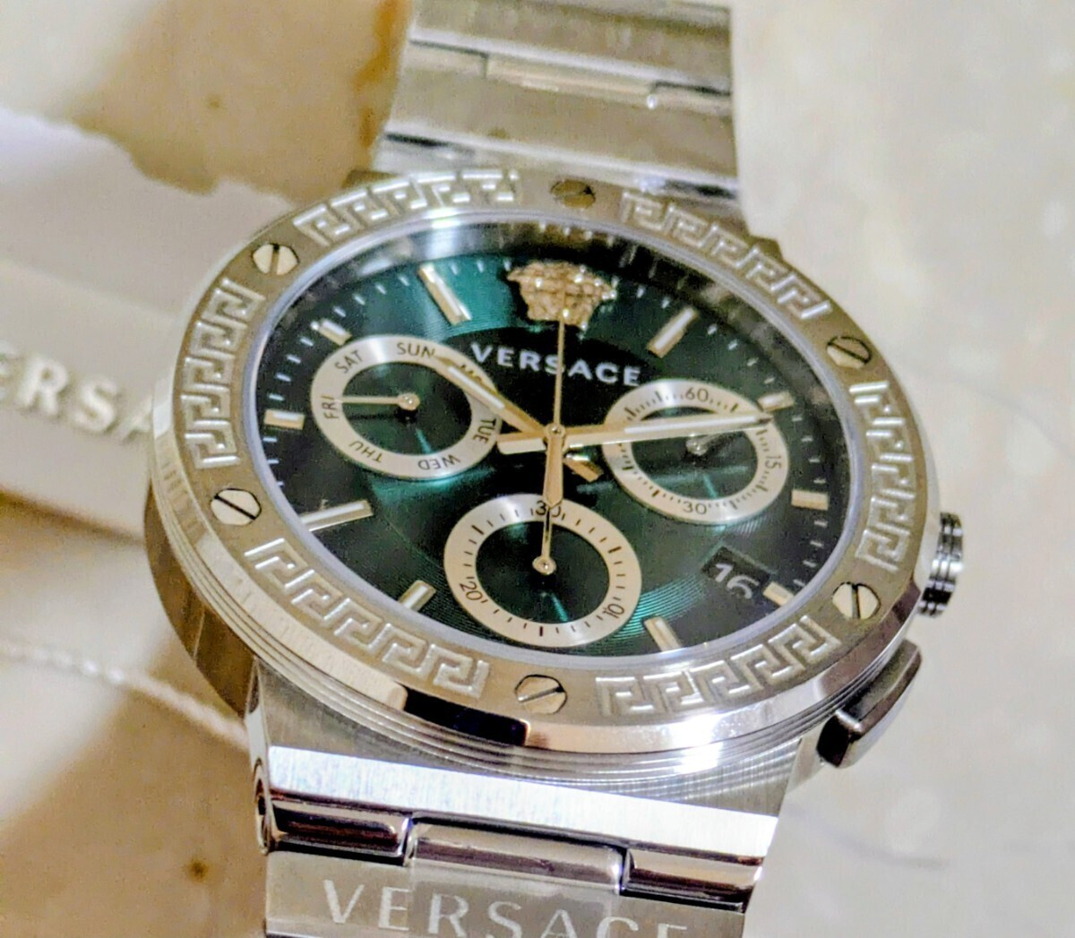 [B1P] VERSACE Greca Logo Chrono VEZ900121 Green Silver Watch [y2v]