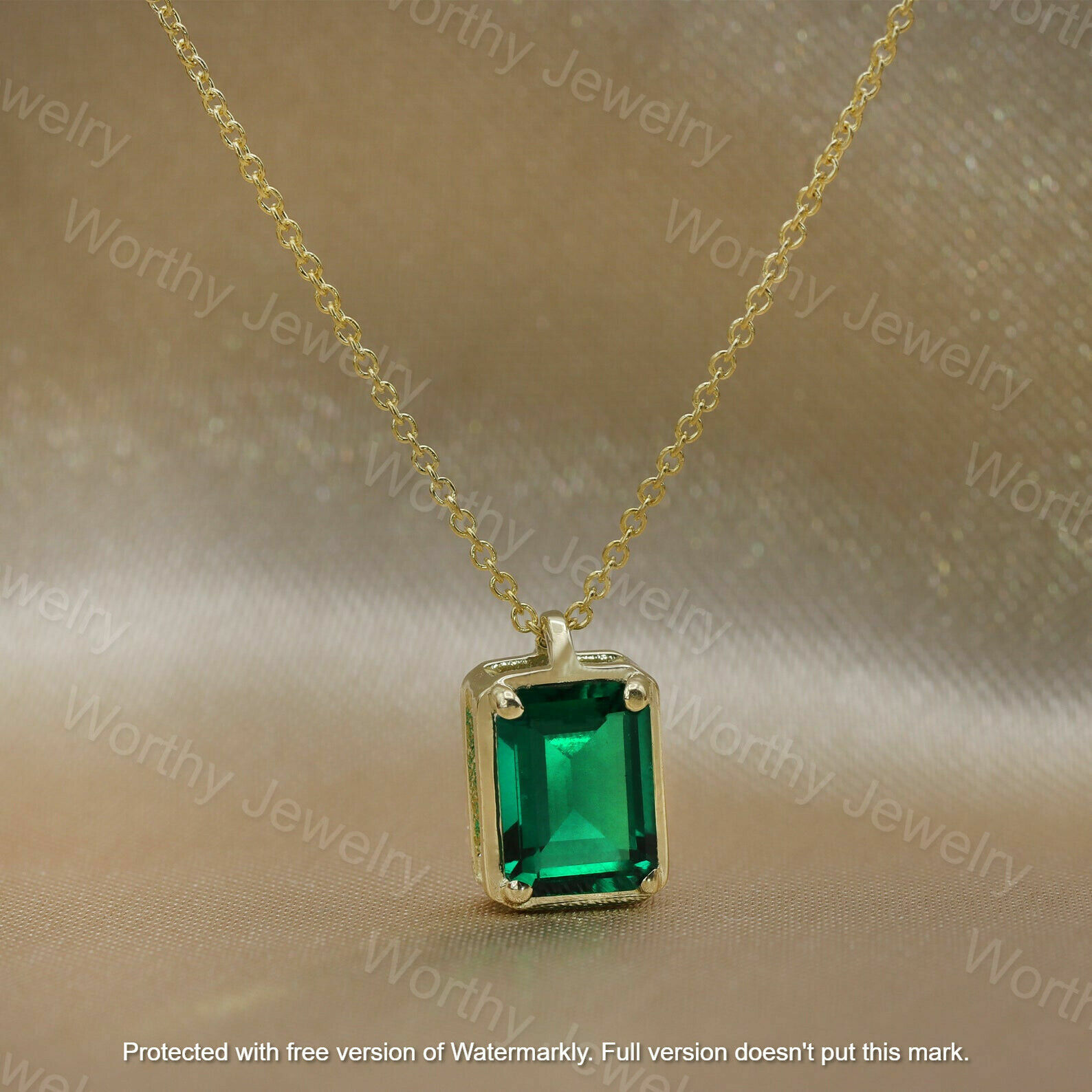 3Ct Emerald Cut Green Emerald Solitaire Pendant 14K Yellow Gold Finish 18″ Chain