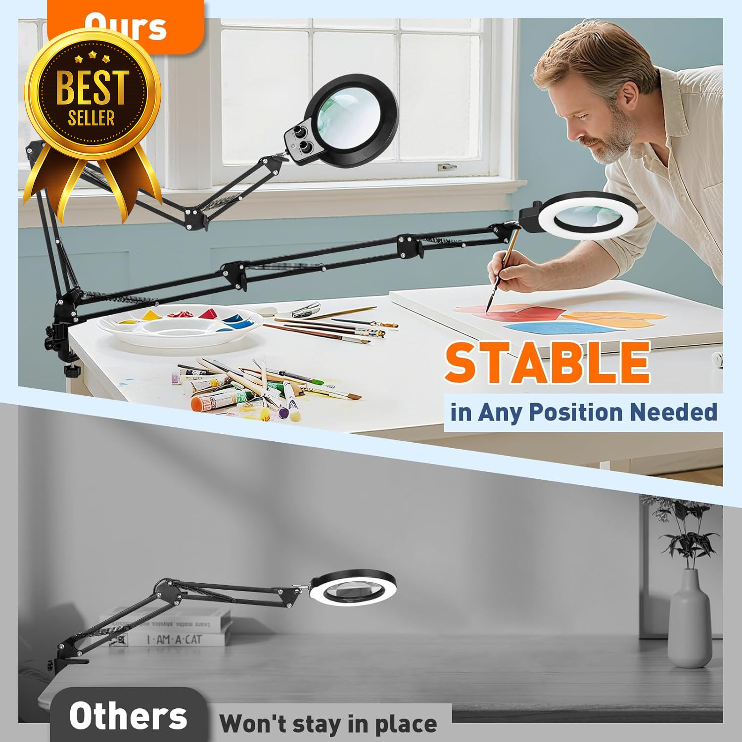 12X Magnifying Lamp with Clamp LED Light Dimmable 35in Arm Glass Lens