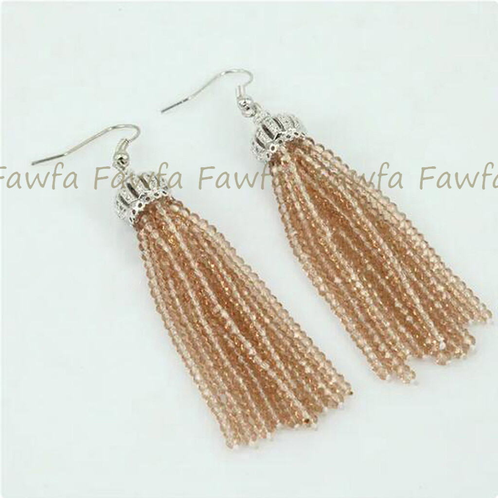 Faceted 3x4mm Multicolor Crystal Beaded Tassel Crown Dangle Silver Hook Earrings