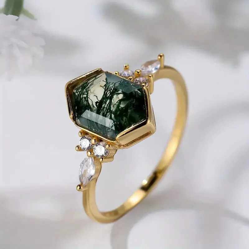 Rhodium Plated Hexagon Emerald Cut Cocktail Ring Prong Setting Fashion Jewelry