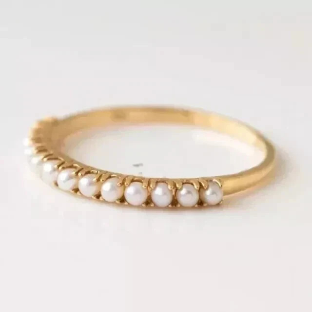 2Ct Round Cut Natural Pearl Half Eternity Wedding Band In 14K Yellow Gold Plated