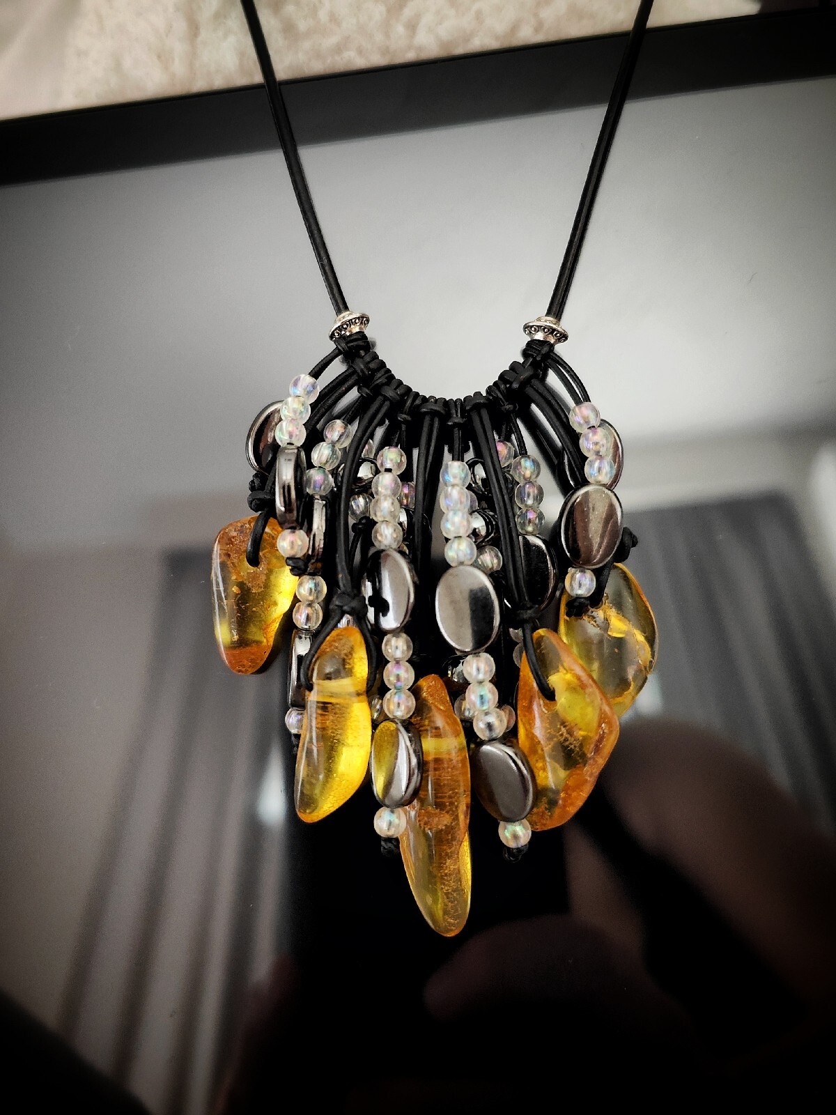 Necklace made of natural amber and genuine leather, Gemstone Healthy Necklace