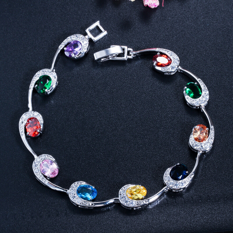 Silver Plated Multicolor Cubic Zircon Oval Charms Bracelet Fine Jewelry for Lady