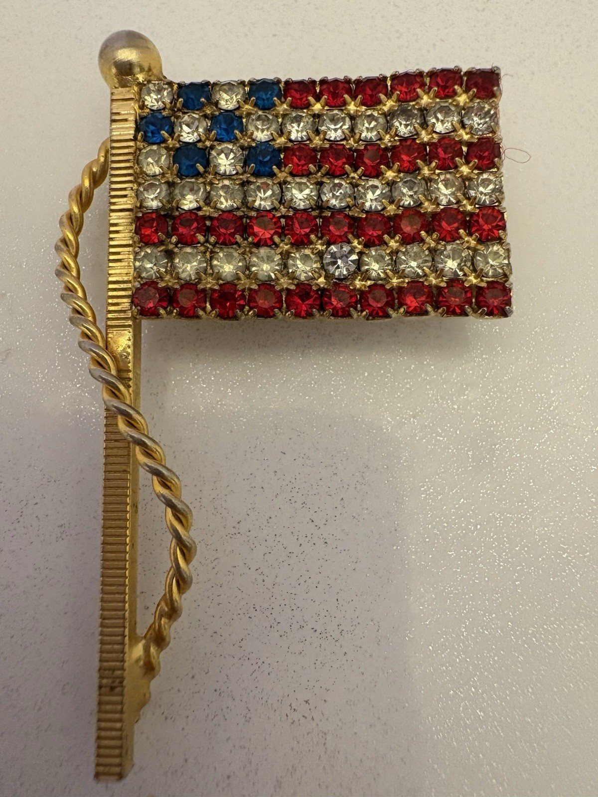 Vintage American Flag Brooch Pin USA Red White Blue Rhinestone Gold Tone