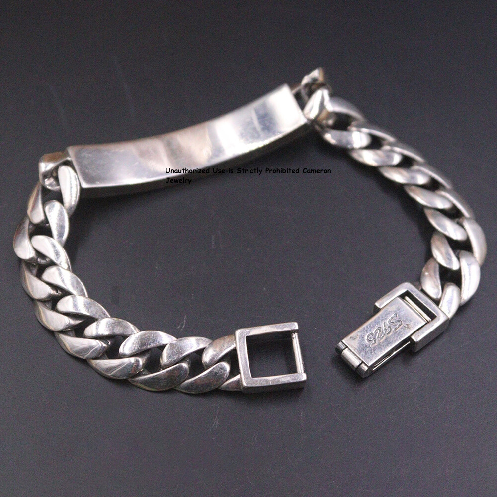 Pure S925 Sterling Silver Chain 9mm Cuban Curb ID Link Bracelet 30-32g 7.48inch