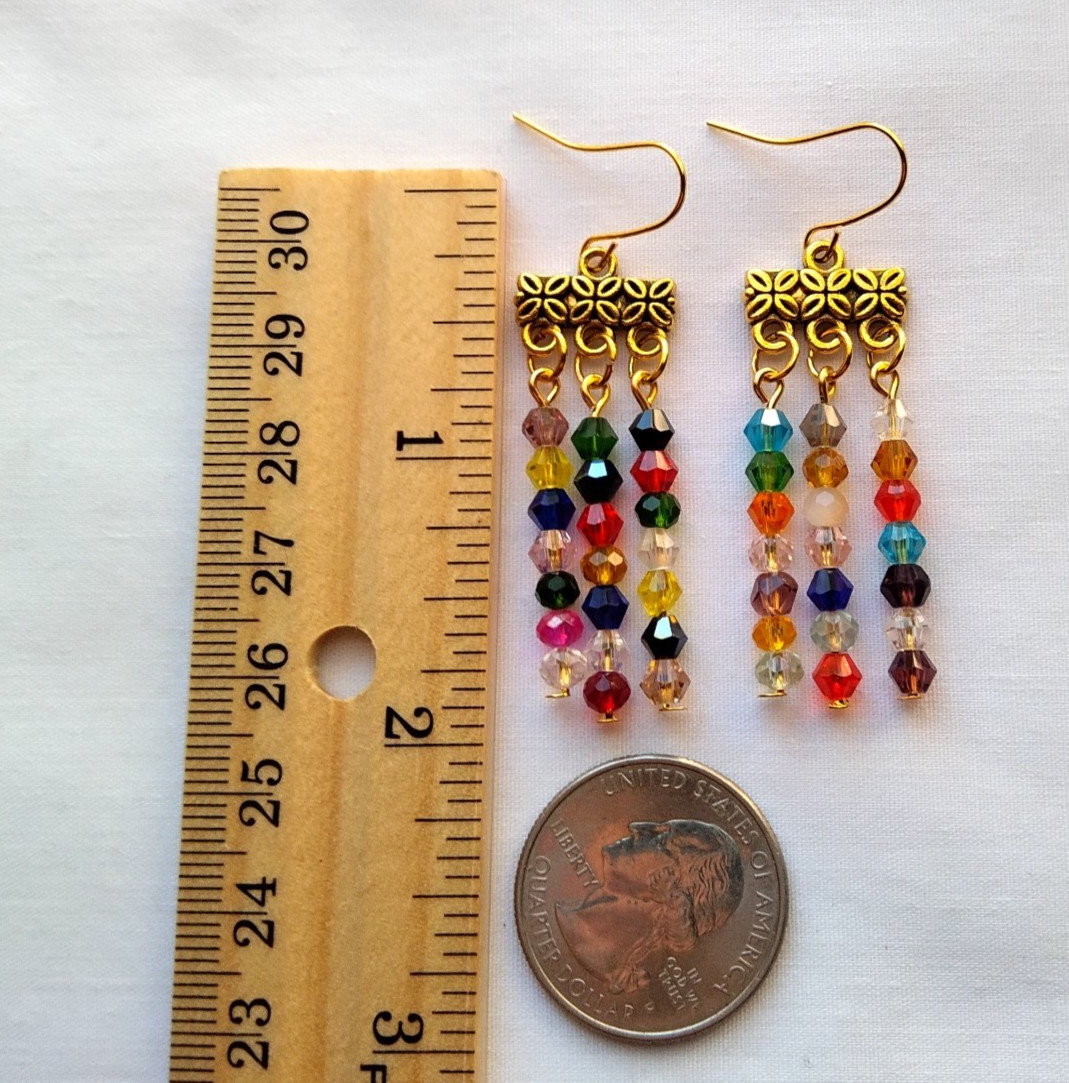 Multicolor Crystal Beaded Dangle Earrings Handmade Gold Tone Hook Boho Chic