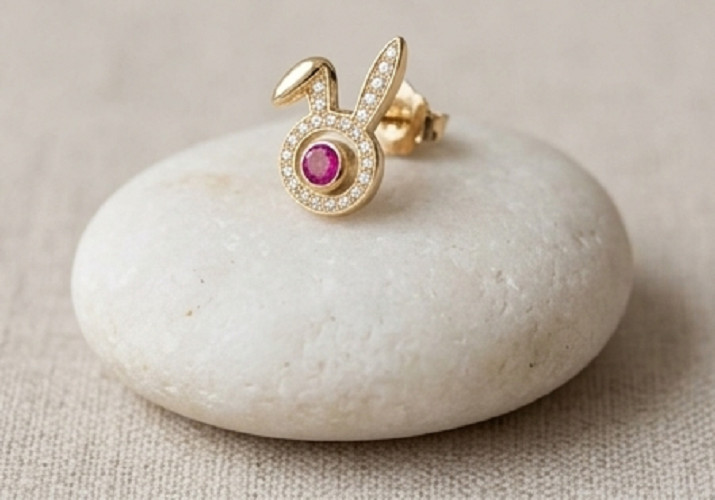 2ct Round simulated Ruby/Diamond Bunny Face Stud Earrings 14k Yellow Gold Plated
