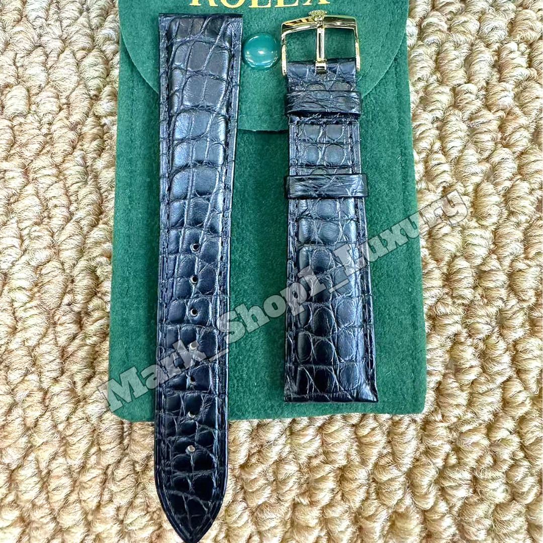 ROLEX Black Crocodile Leather Watch Strap Band 20-16mm Gold Buckle NOS Vintage