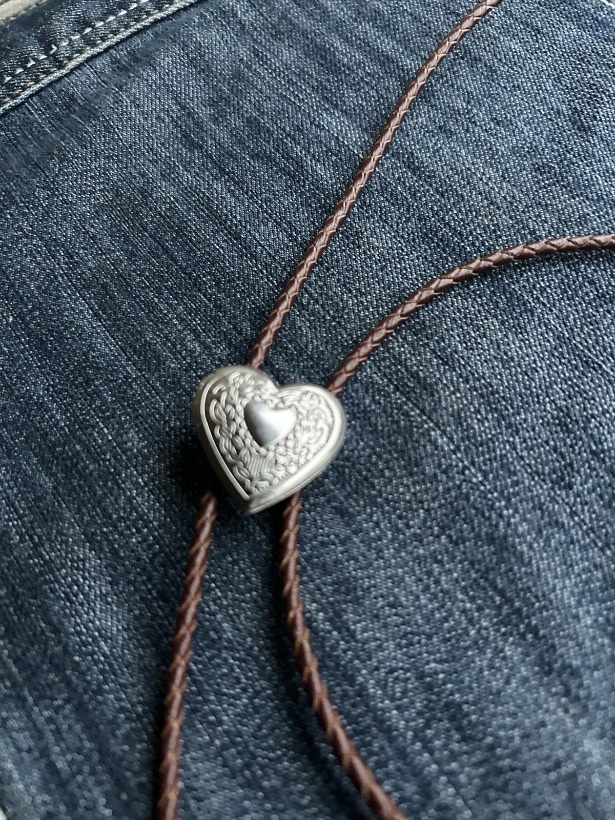 Heart Locket Bolo Tie Brown Leather Cord Handmade Vintage Style FREE SHIPPING