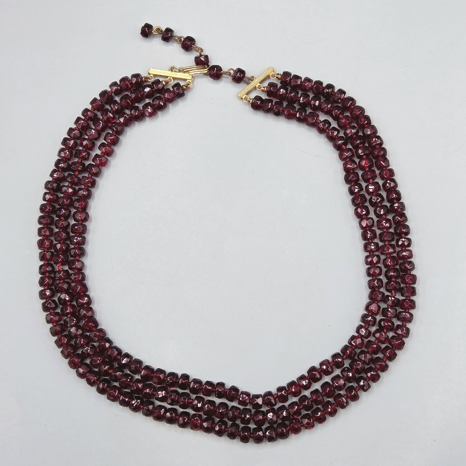 3 Strand Layered Hand Knotted Faceted Rondelle Garnet Glass Bead Necklace 17″