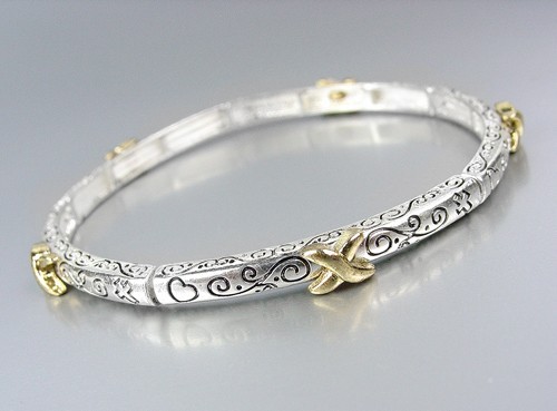 CLASSIC Designer Thin 4mm Silver Filigree Gold X Stretch Stackable Bracelet
