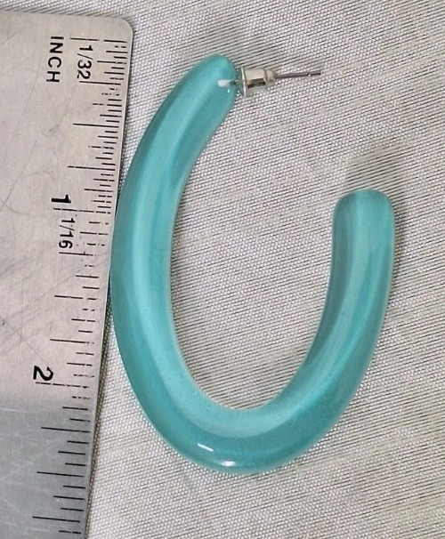 VTG 80’s Teal & Clear Smooth Thick Tube Acrylic Resin Oval Hoop Pierced Earrings