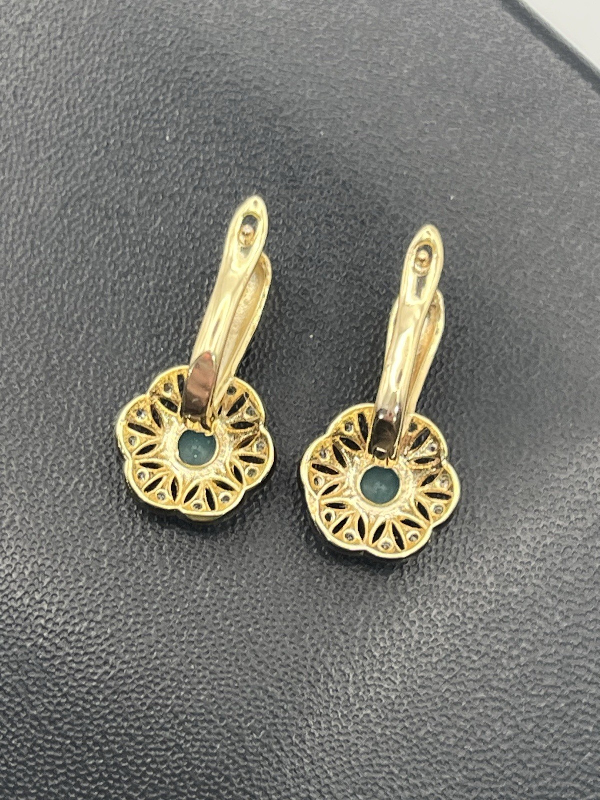 Pale blue green rhinestone gold tone flower cluster earrings