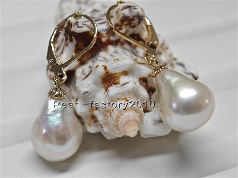 huge 12-14 natural AAA South Sea white Pearl Earrings 14K YELLOW GOLD Baroque