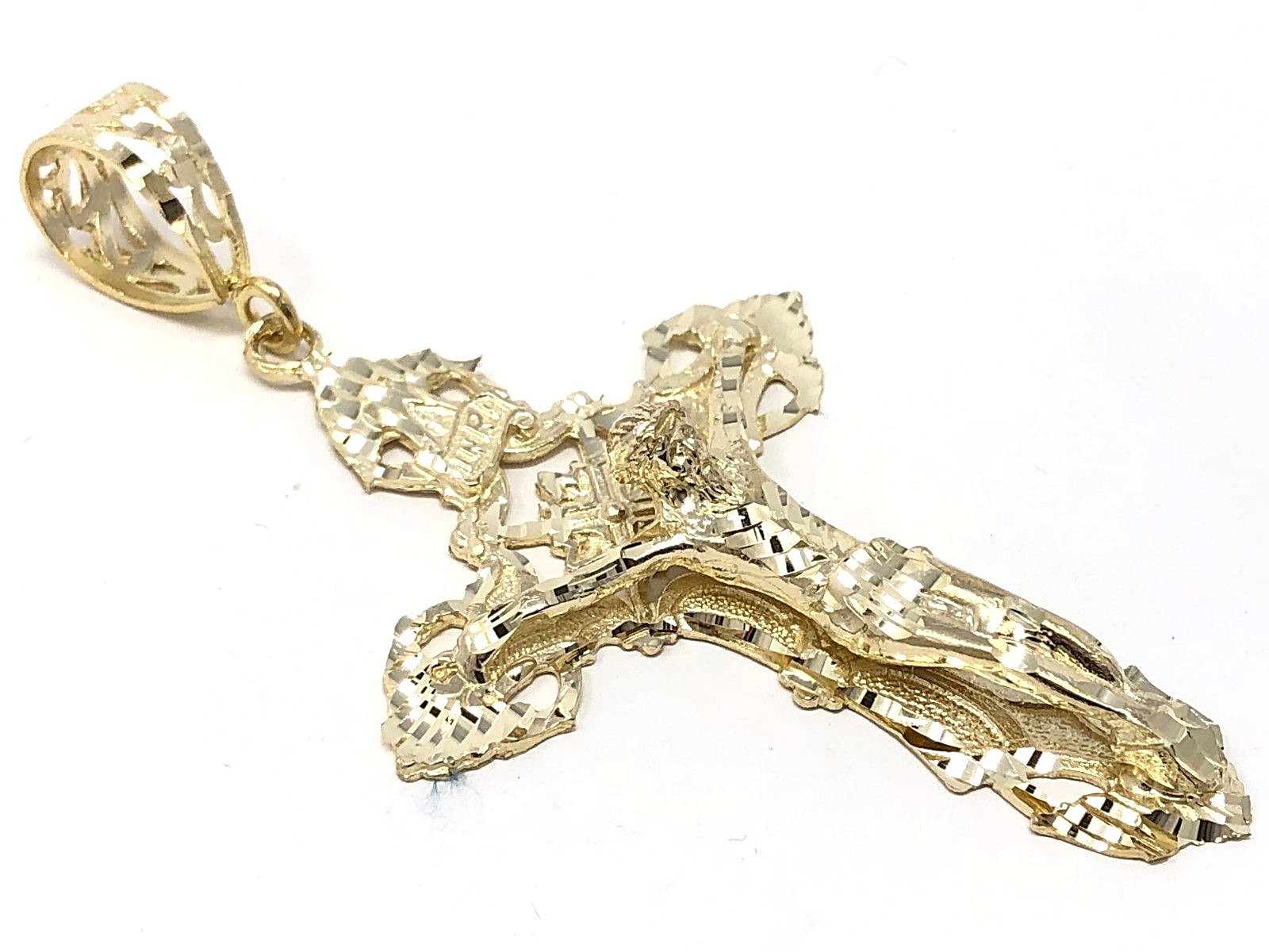 10k Yellow Gold Religious INRI Jesus Christ 3D Big Cross Pendant 3.4″ 14.6 grams