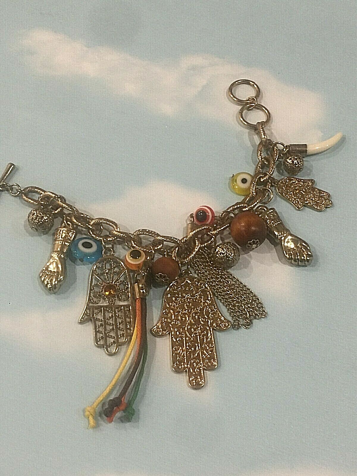 Good Luck Protection HAMSA HAND EVIL EYE Womens BIG GOLD CHARM BEAD BRACELET NEW