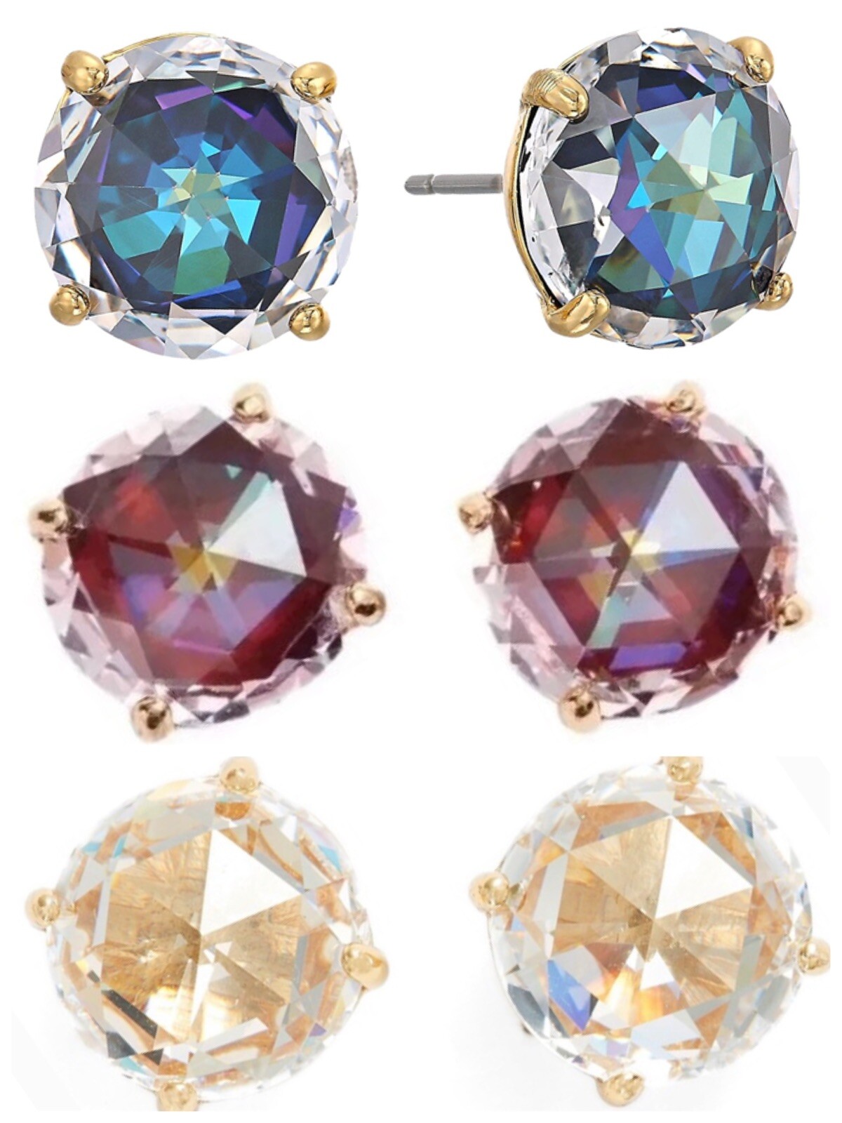 Kate Spade “Bright Ideas” CZ Stud Earrings, Jet(Blue-Green), Berry, Clear Gold