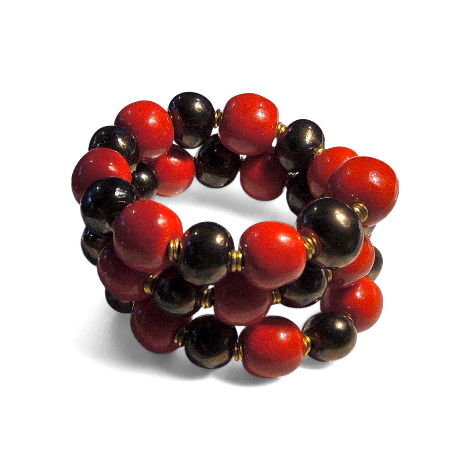 Hematite & Red Bead Memory Wire Wrap Bracelet Gold Tone Stack Statement