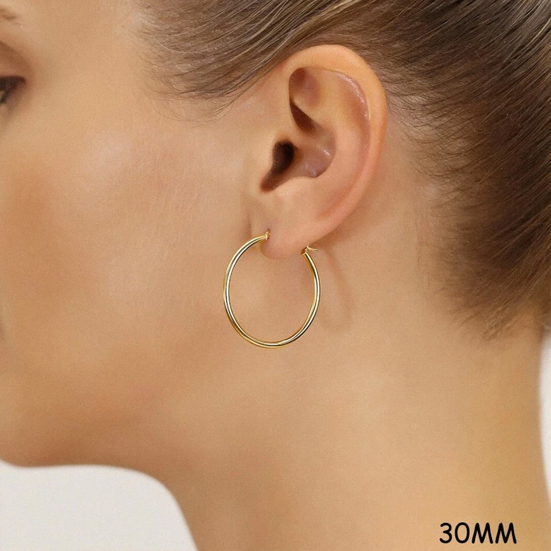 30mm 14K Real Solid Yellow Gold Shiny Polished Round Creole Hoop Earrings Gift