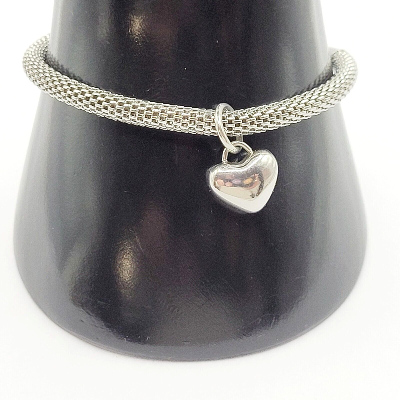 Puffy Heart Polished Charm Dangle on Silver Tone Stainless Mesh Bracelet 7 Inch
