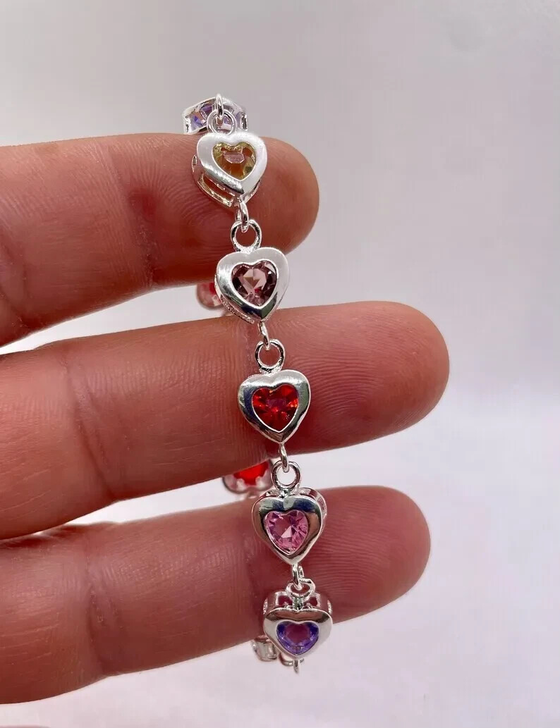 925 sterling silver multi – color stone heart bracelet 8” adjustable