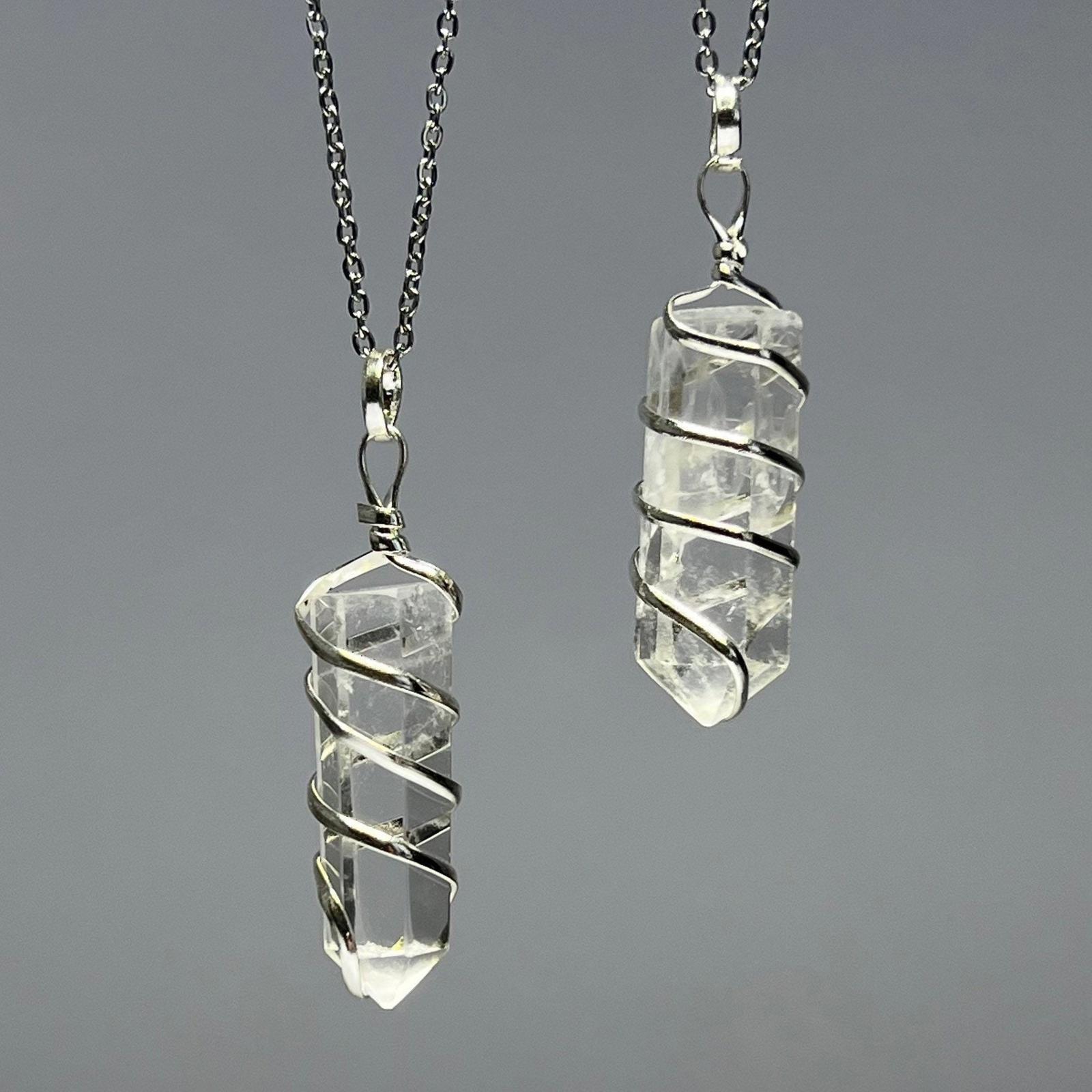 Clear Quartz Crystal Wire Wrapped Gemstone Pendant with Free Chain – CW