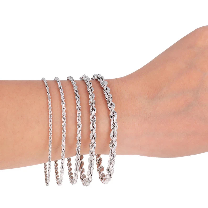 10K White Gold Rope Chain Bracelet Diamond Cut Real Gold 1mm-5mm 7-9in
