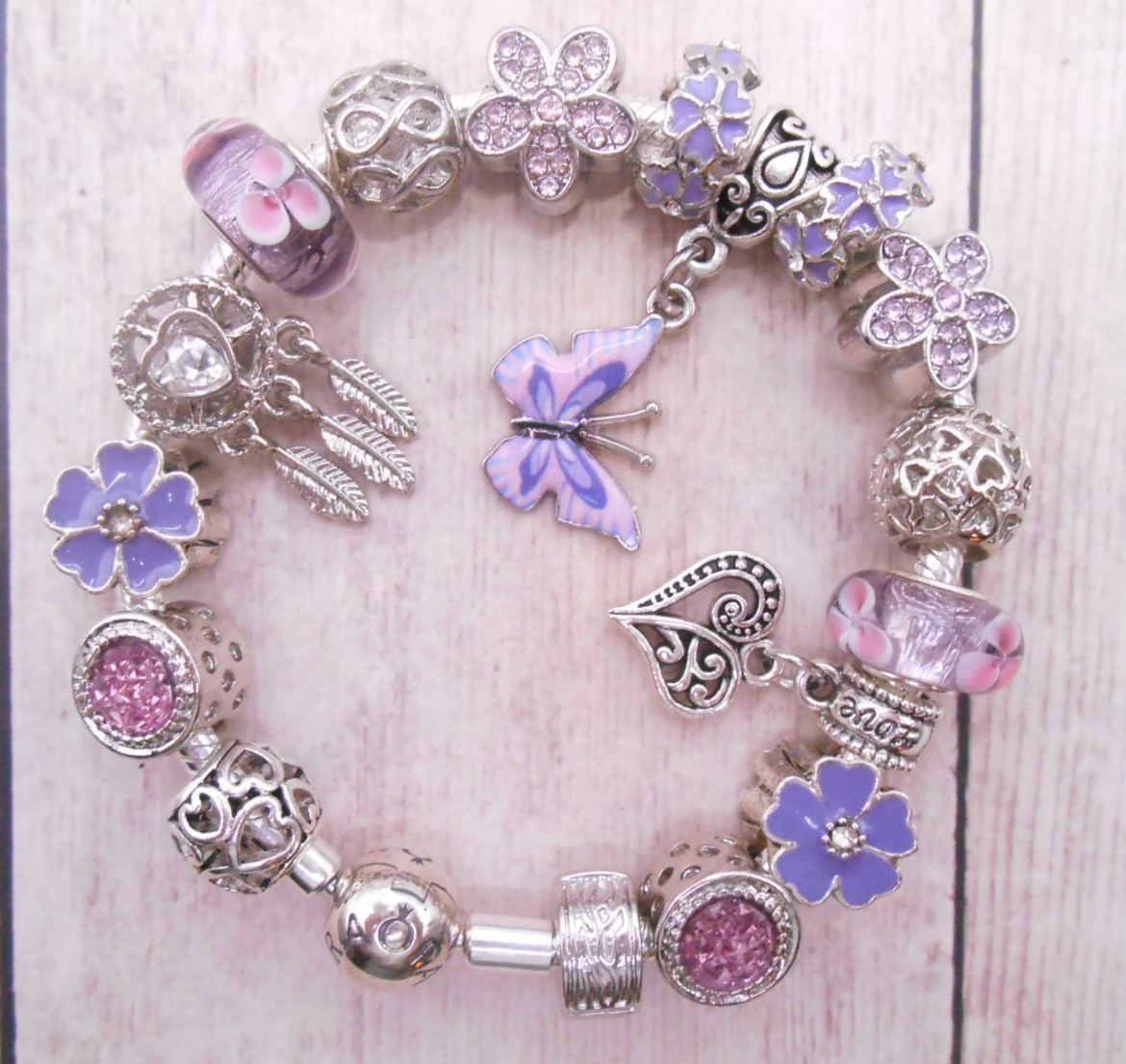 PANDORA SILVER CHARM BRACELET WITH PURPLE BUTTERFLY CRYSTAL CHARMS & GIFT BOX!