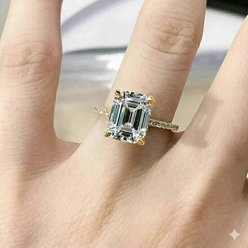Lab Grown Diamond Ring Emerald Cut 3.7 Ct IGI Certified 14k Yellow Gold VVS E F