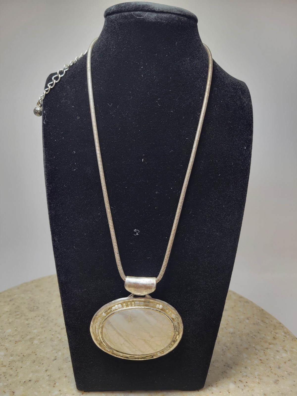 Chico’s Signed Silver Tone Mother of Pearl Pendant Necklace Snake Chain