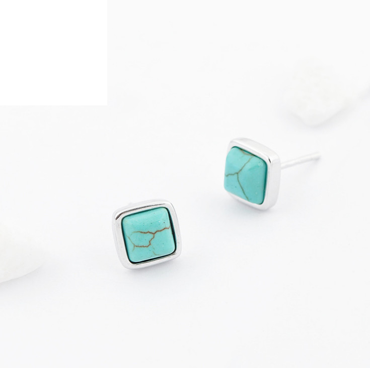 925 Sterling Silver Post Square Blue Turquoise Stud Earrings 8mm Gift PE43