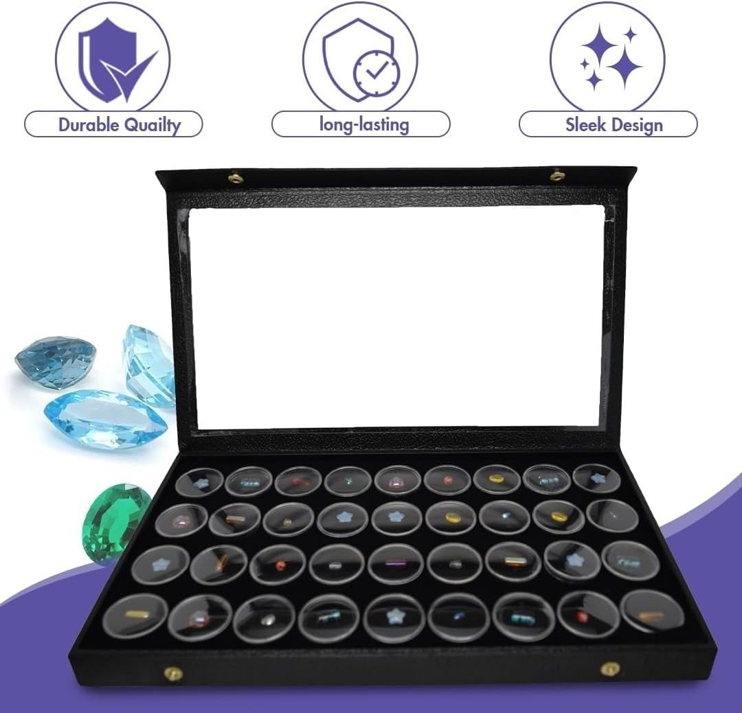 Large Jewelry Display Case 14.75×8.25 + 36 Gem Jars Clear Lid Black Foam Tray