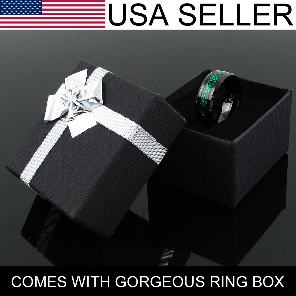 8mm Black Tungsten Carbide Men’s Ring Green Celtic Dragon Wedding Band