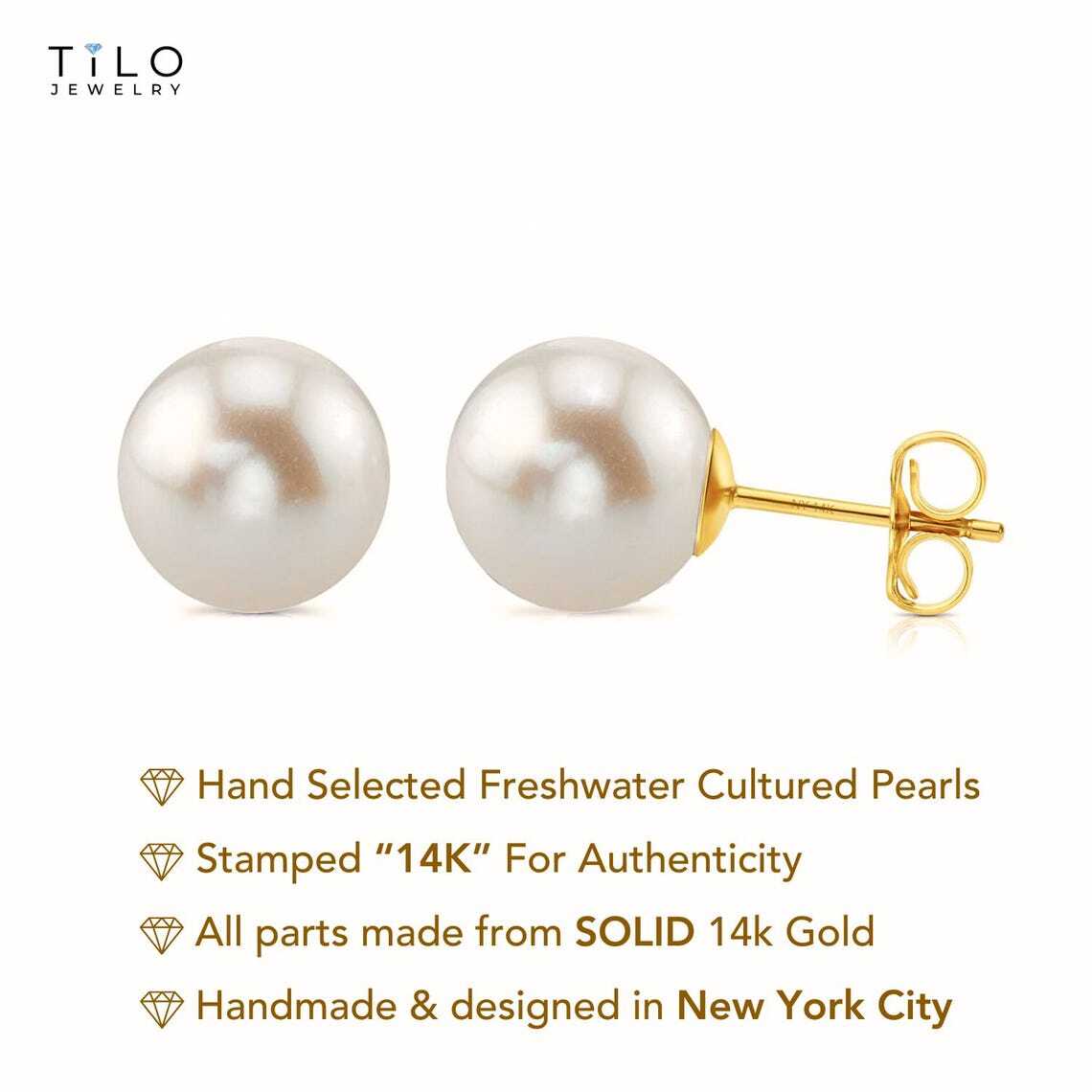 14K Real Solid Yellow Gold 7mm Freshwater Pearl Sleeper Studs Earrings Push-back