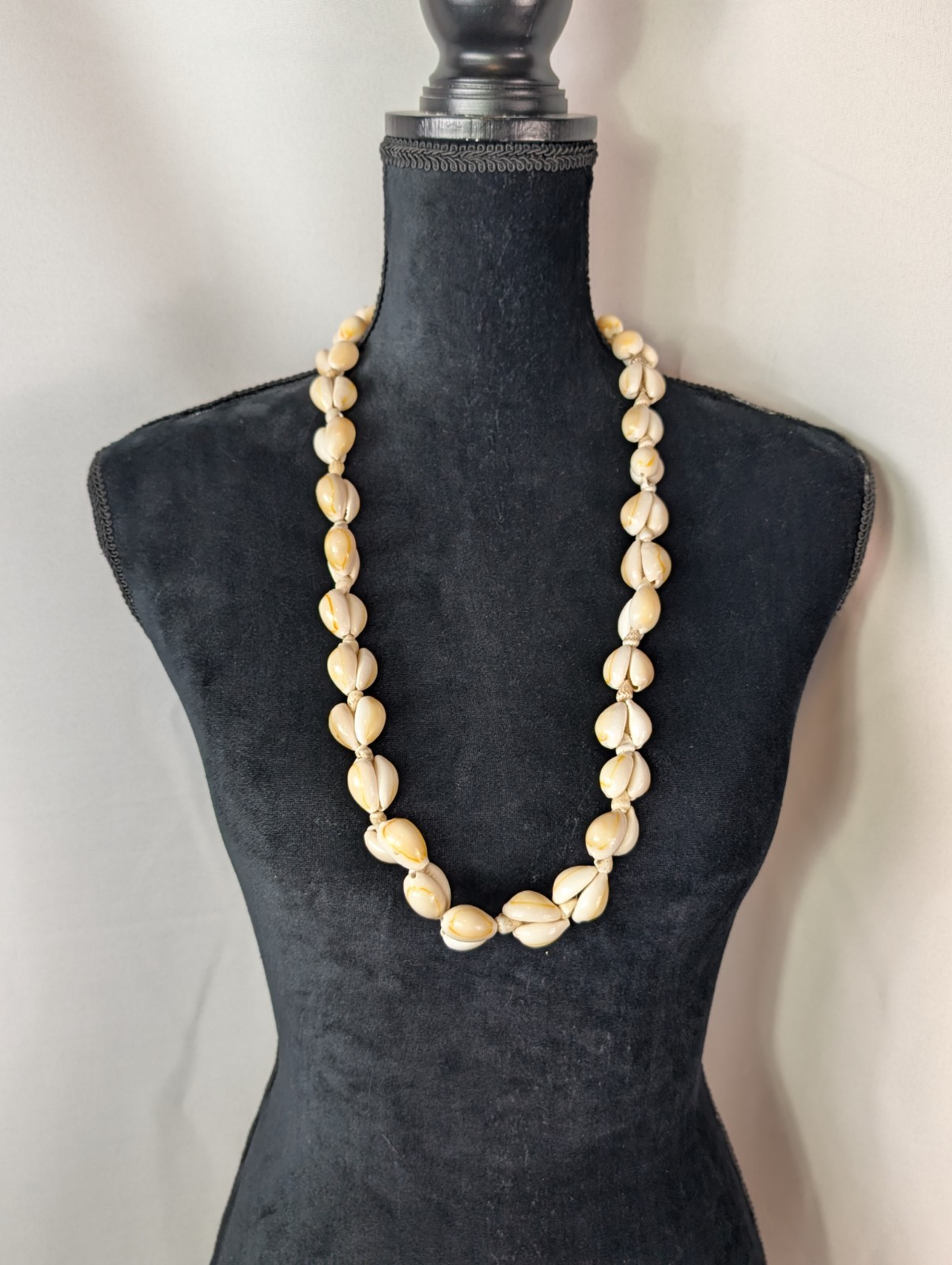Vintage Hand Knotted Polished Large Sea Shell Beaded Long Necklace Unique Design