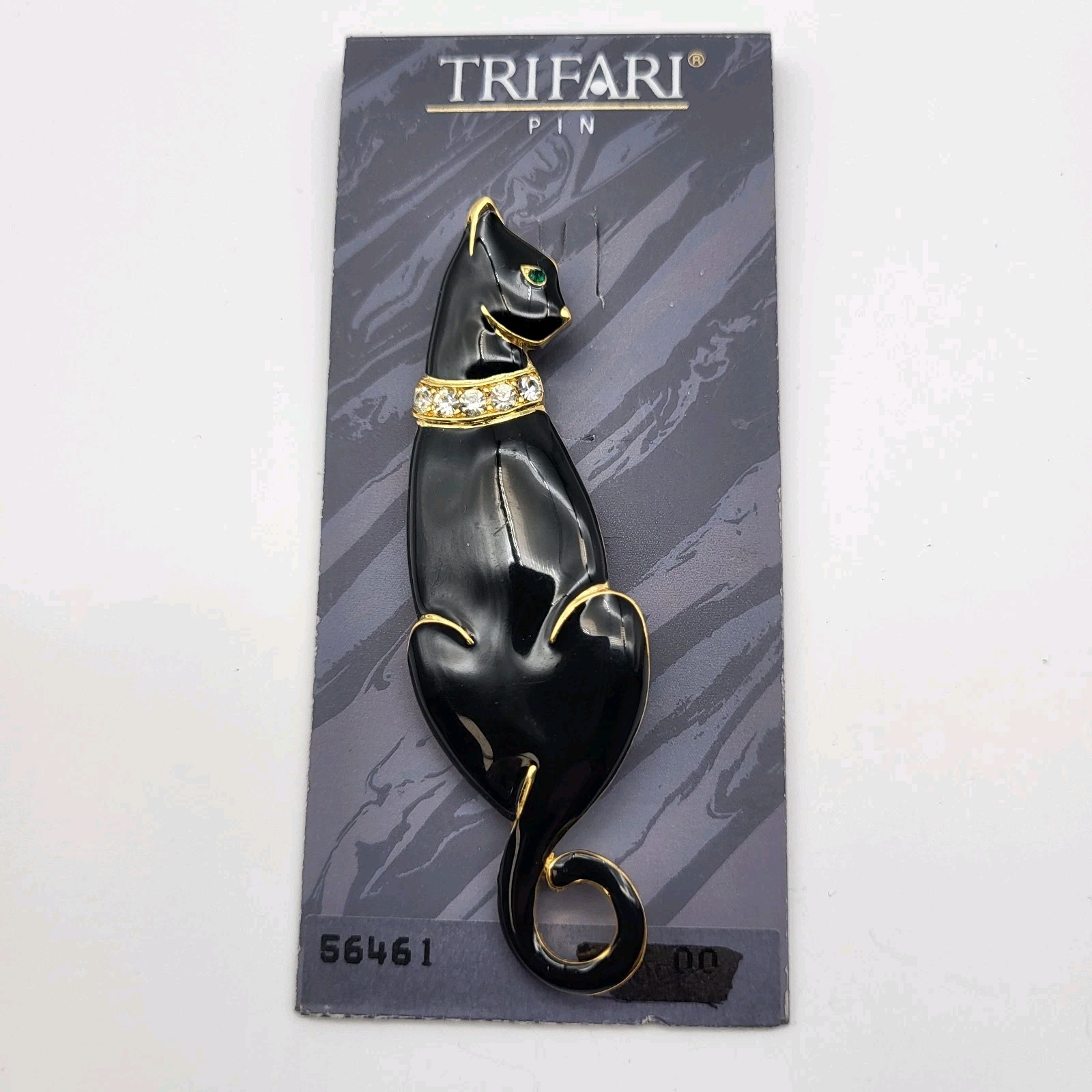Beautiful Trifari Black Cat Glossy Enamel Rhinestone Figural Brooch On Card