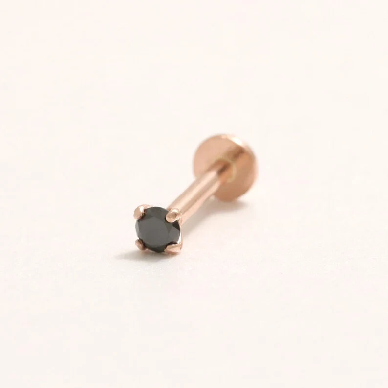 Real 0.03 Ct Round Black Diamond Nose Stud Screw Ring Piercing Pin 14K Rose Gold