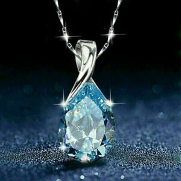 2.10Ct Pear Cut Aquamarine Teardrop Pendant 14K White Gold Finish 18″ Free Chain