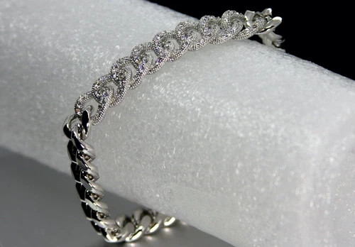 18K White Gold Filled Cuban Link Chain Bracelet made Simulated Diamond 7”